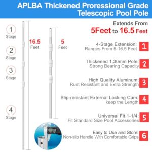 ARLBA Upgraded Professional 16.5 Feet Swimming Pool Pole Telescopic Aluminum Thicken 1.30mm Adjustable Fits Skimmer Net Rake Vacuum Head Brush Pool Cleaning Equipment Heavy Duty -Universal Fit 1-1/4