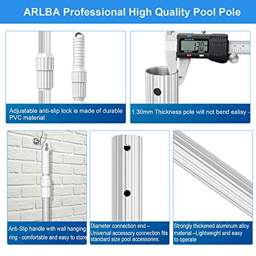 ARLBA Upgraded Professional 16.5 Feet Swimming Pool Pole Telescopic Aluminum Thicken 1.30mm Adjustable Fits Skimmer Net Rake Vacuum Head Brush Pool Cleaning Equipment Heavy Duty -Universal Fit 1-1/4