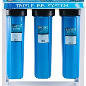 Bluonics Complete Well Water Whole House 110W UV 24GPM,3-Stage with Freestanding Stainless-Steel Bracket,Pressure Gauges,40Mic Pre Filter and Extra Filter Sets,Activated Carbon and Sediments 4.5x20"