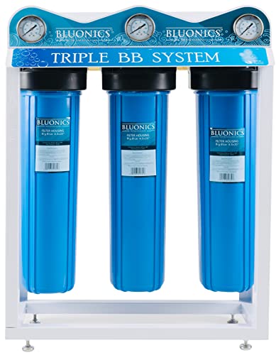Bluonics Complete Well Water Whole House 110W UV 24GPM,3-Stage with Freestanding Stainless-Steel Bracket,Pressure Gauges,40Mic Pre Filter and Extra Filter Sets,Activated Carbon and Sediments 4.5x20"