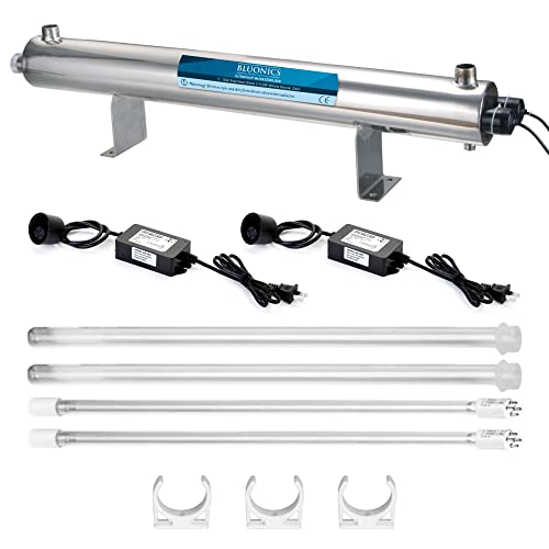 Bluonics Complete Well Water Whole House 110W UV 24GPM,3-Stage with Freestanding Stainless-Steel Bracket,Pressure Gauges,40Mic Pre Filter and Extra Filter Sets,Activated Carbon and Sediments 4.5x20"