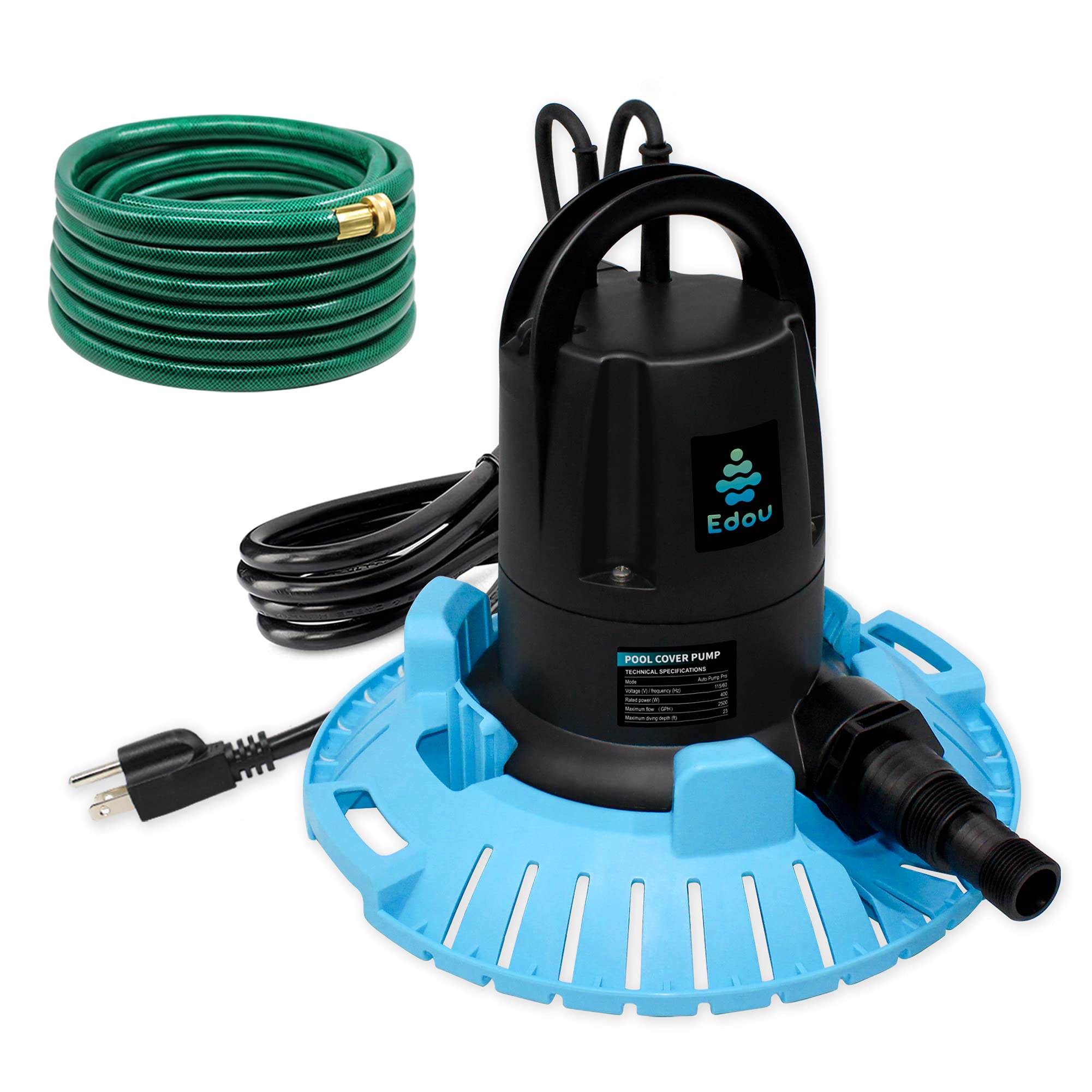 EDOU DIRECT Automatic Pool Cover Pump PRO | HEAVY DUTY | 2,500 GPH Max Flow | 1/2 HP | Includes: 25' Drainage Hose, 3/4" Adapter | Ideal for draining water from above ground and inground pools