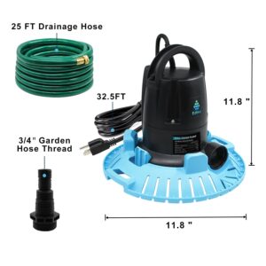 EDOU DIRECT Automatic Pool Cover Pump PRO | HEAVY DUTY | 2,500 GPH Max Flow | 1/2 HP | Includes: 25' Drainage Hose, 3/4" Adapter | Ideal for draining water from above ground and inground pools