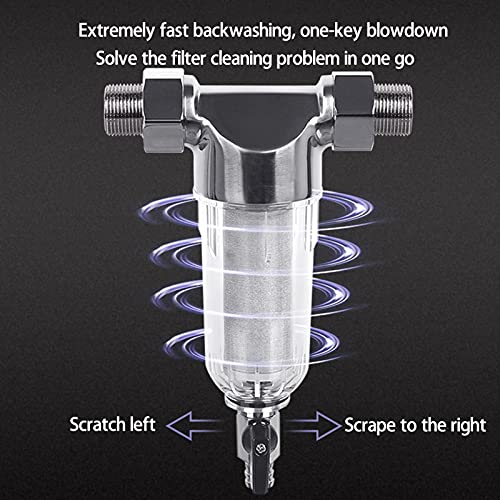 CJGS Flushable Prefilter Filtration,Whole House Reusable Filtration Water System-40 Micron Spin DownSediment Filter 316 Stainless Steel Mesh Pre-Filter -for City/Well Water