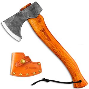 nedfoss 13" hatchet with leather sheath, forged carbon steel axe, hatchets for camping and survival, bearded axe with beech handle, bushcraft axe, carving axe, chopping cutting splitting camping axe