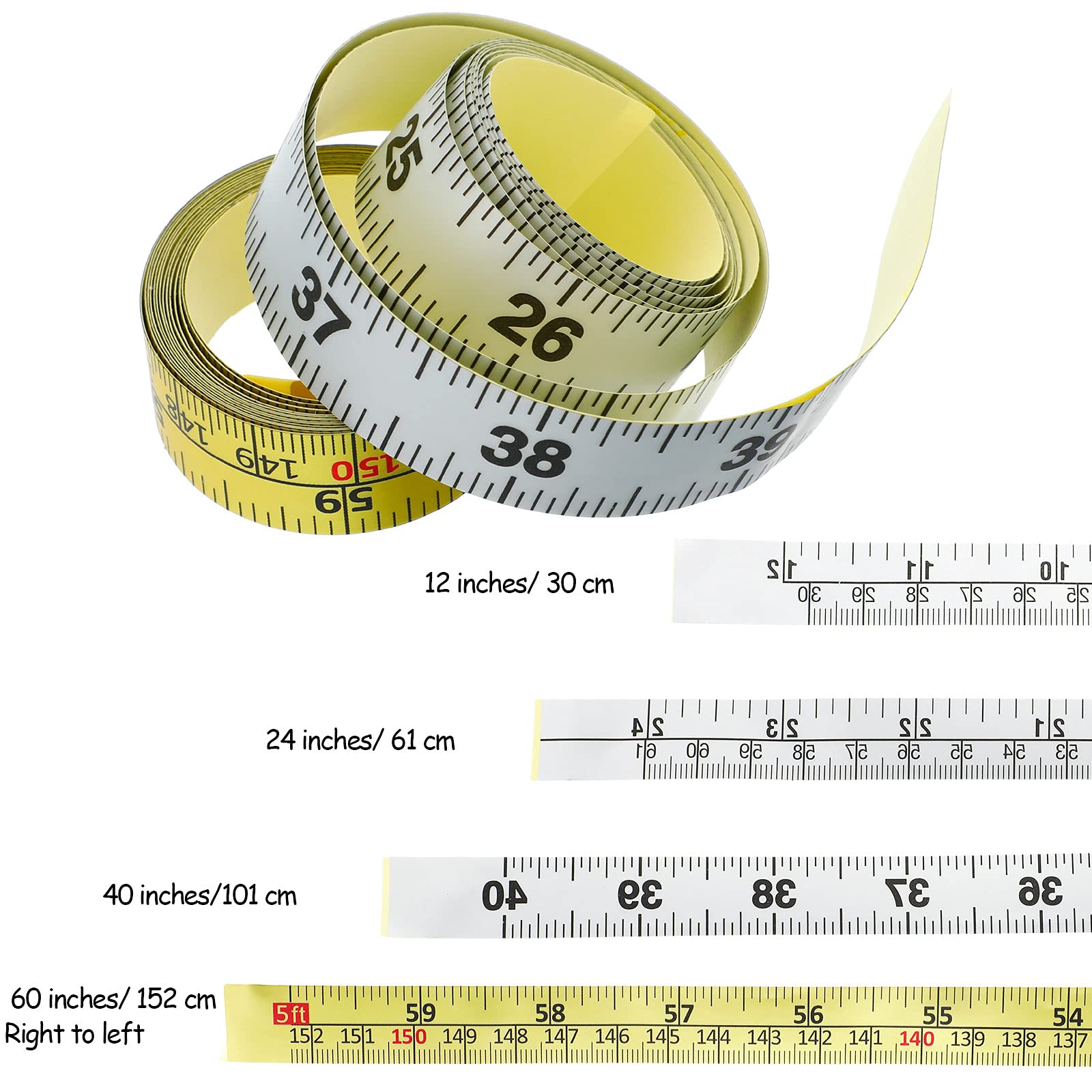 4 Size Workbench Ruler Adhesive Backed Tape Measure Waterproof Sticky Measuring Tape in 60 Inches/ 152 cm, 24 Inches/ 61 cm, 12 Inches/ 30 cm, 40 Inches/ 101 cm Ruler for Work