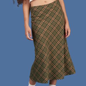 Bravetoshop Womens Vintage Bohemian Print Plaid High Waist Midi Skirt Y2K Streetwear E-Girl Slim Fit A-Line Skirt (Army Green,M)