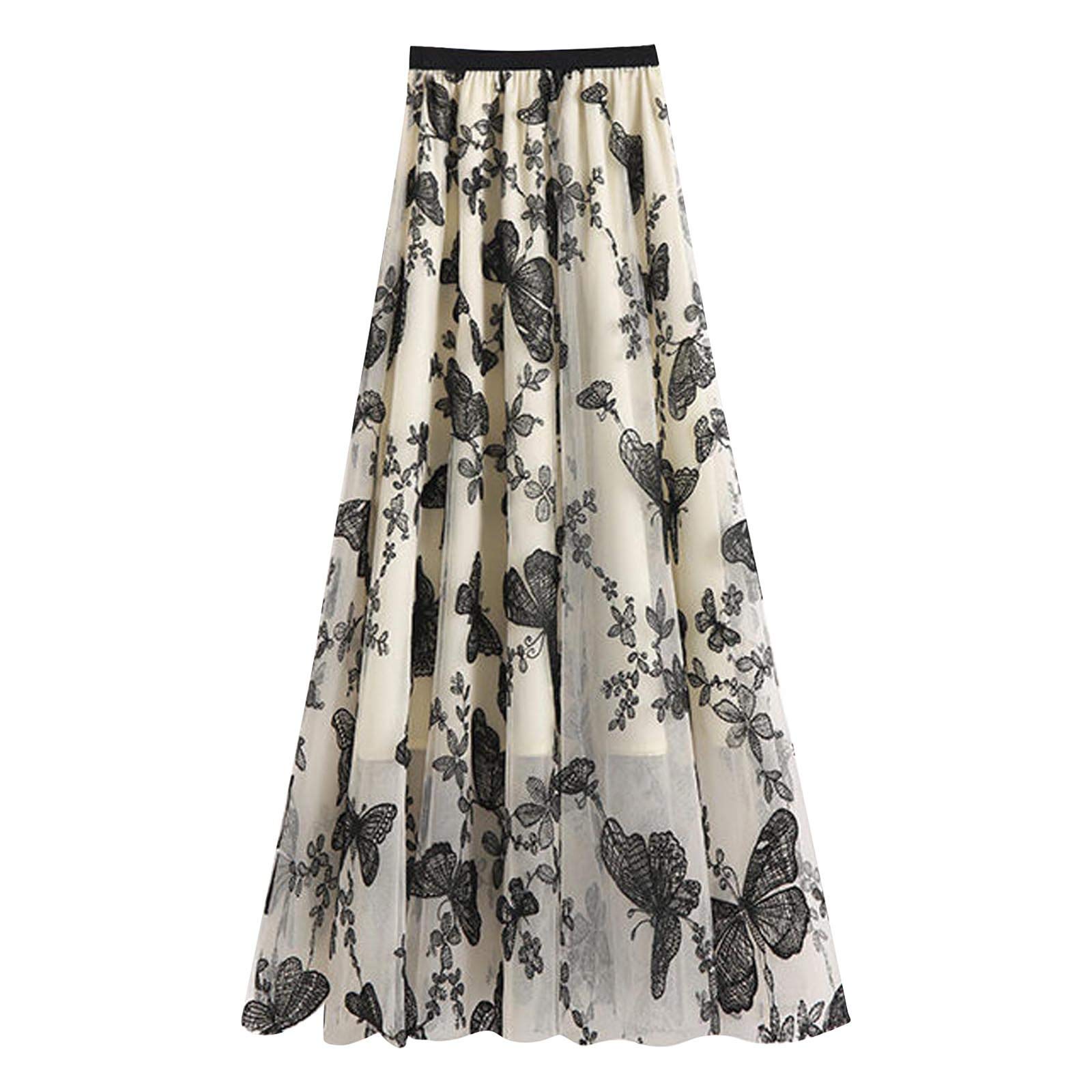 Bravetoshop Womens Tutu Tulle Skirt High Waist Layered Floral Printed A-Line Skirts Mesh Midi Skirt (White,XL)