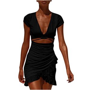 cofeemo bravetoshop womens sexy bodycon short sleeve cut out ruched dresses elegant club party mini dress y2k streetwear (black,m)