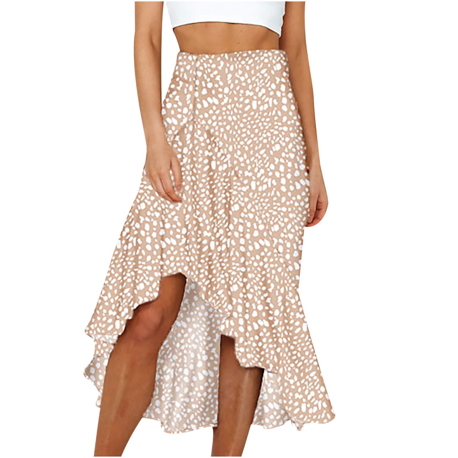 CofeeMO Bravetoshop Womens Boho Floral Print High Waisted Wrap Flowy Midi Skirt Asymmetrical Ruffle Hem Swing A-Line Skirts (Beige,XL)