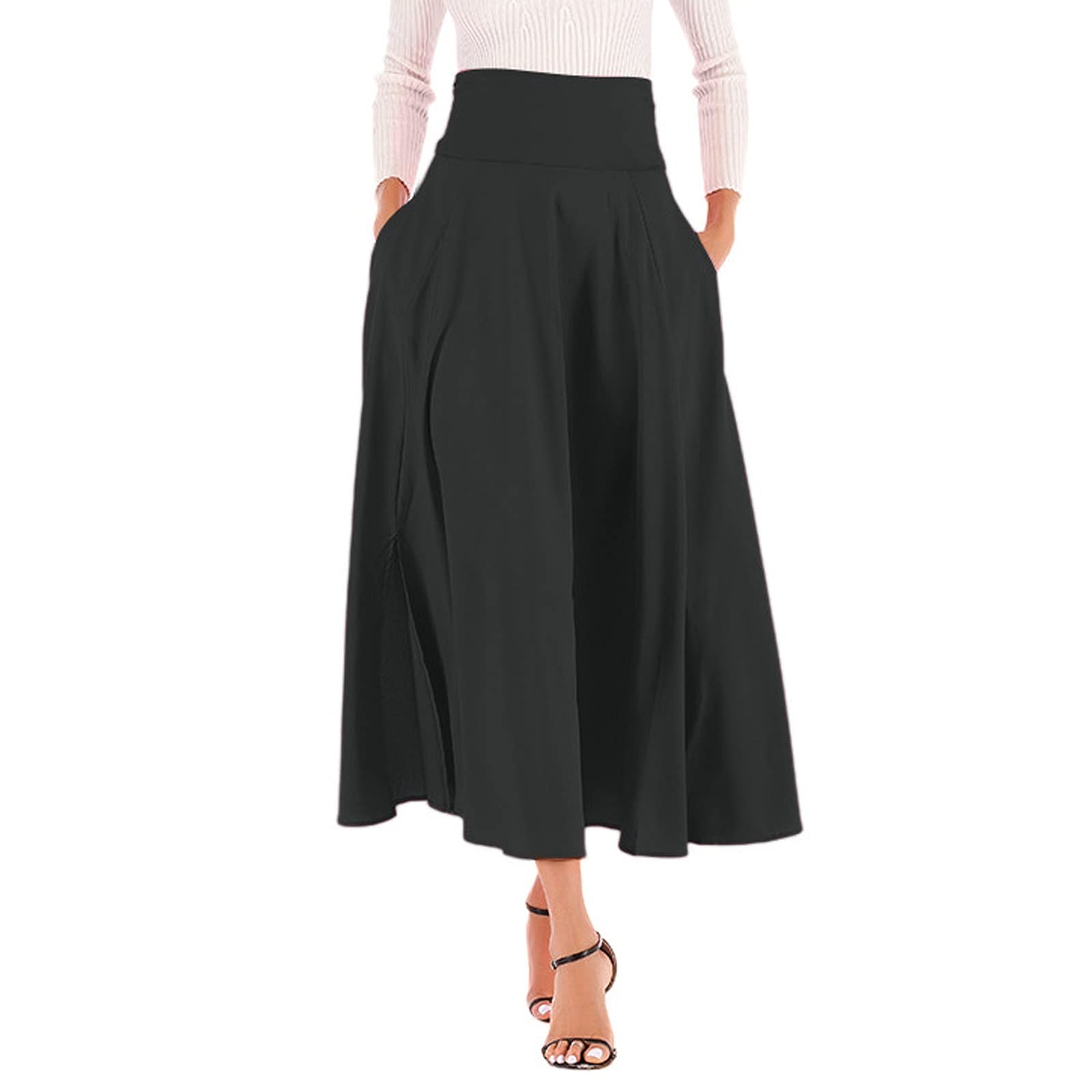 Bravetoshop Womens High Waist Flowy Midi Skirt Casual Elegant Pleated Swing A Line Maxi Skirts with Pockets (Black,XXL)