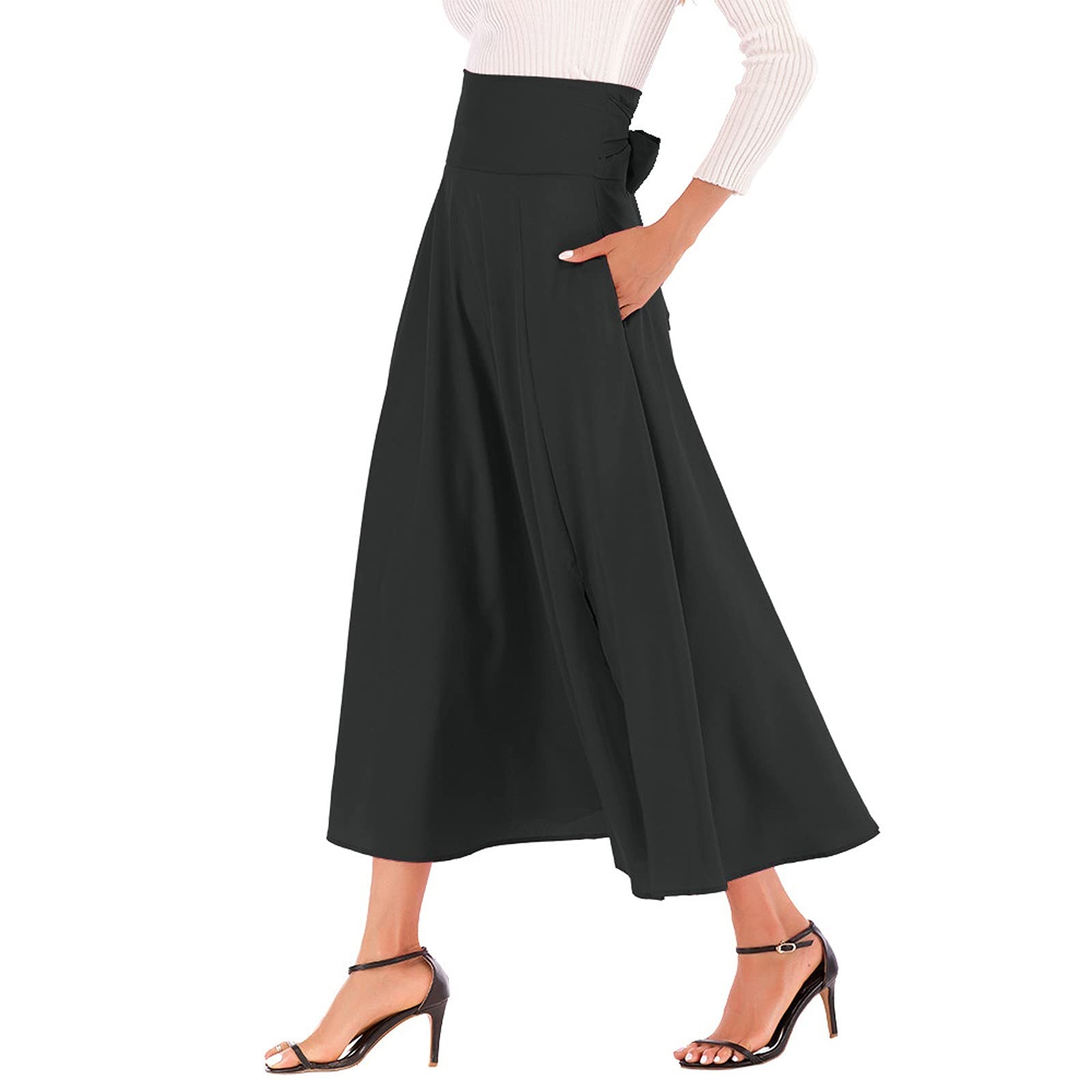 Bravetoshop Womens High Waist Flowy Midi Skirt Casual Elegant Pleated Swing A Line Maxi Skirts with Pockets (Black,XXL)