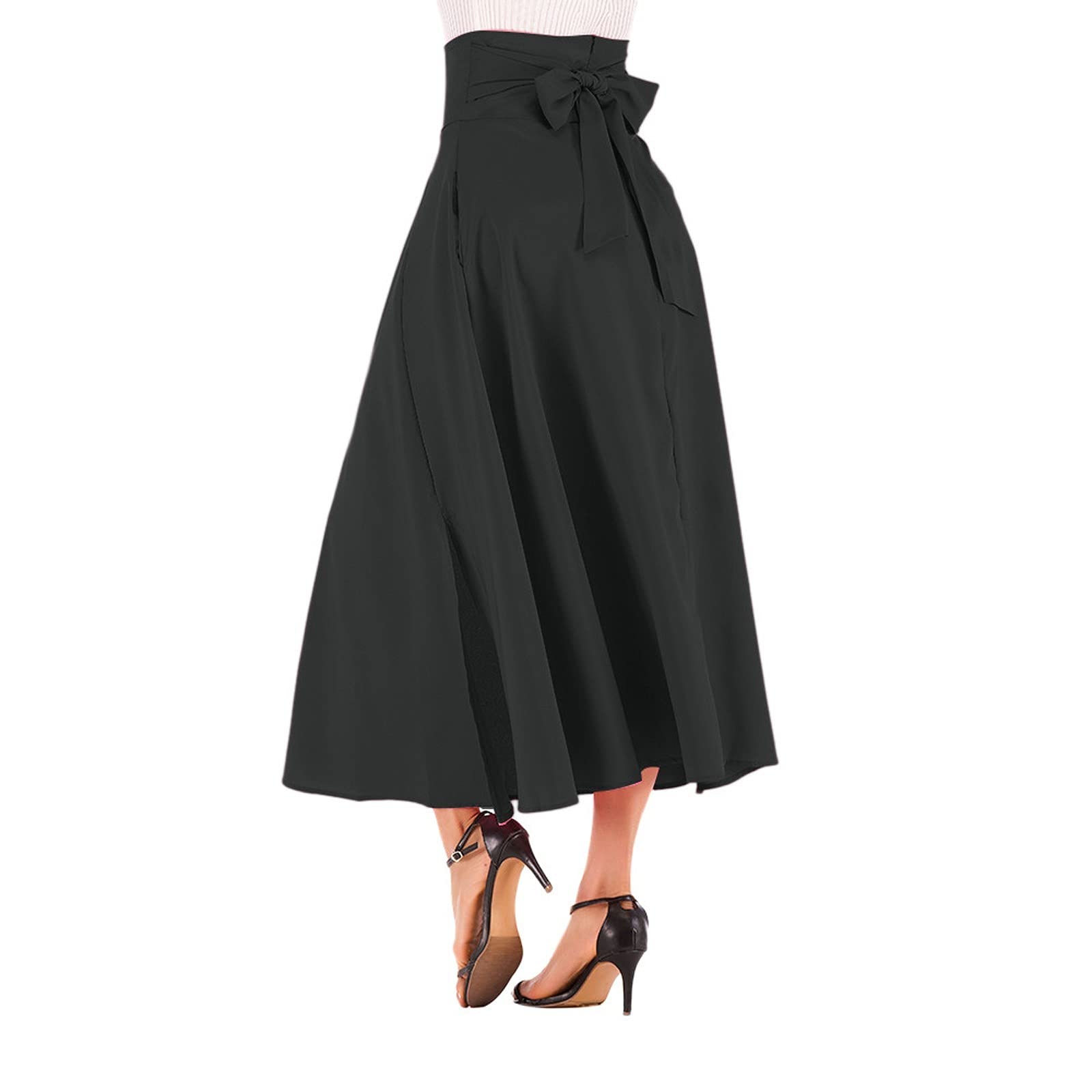 Bravetoshop Womens High Waist Flowy Midi Skirt Casual Elegant Pleated Swing A Line Maxi Skirts with Pockets (Black,XXL)