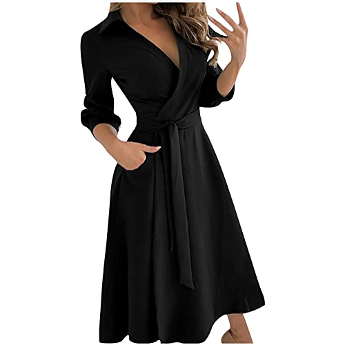 Bravetoshop Women's Summer Wrap Dress Casual V Neck Half Sleeve Midi Dress Club Party Y2k Streetwear (Z-Black,XL)