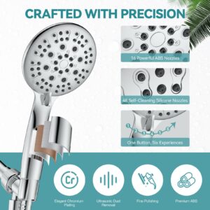 JDO Shower Head with Handheld, 6 Spray Settings High Pressure Hand Held Shower Head, 4.3" High Flow Rain Showerhead Set with Extra Long 59" Stainless Steel Hose and Adjustable Bracket (Chrome)