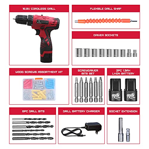 Dedeo Tool Set with Drill, 16.8V Cordless Hammer Drill Tool Kit, Cordless Drill/Driver Set with 3/8 Inch Keyless Chuck, 2PCS Battery and Charger for Home Tool Kit