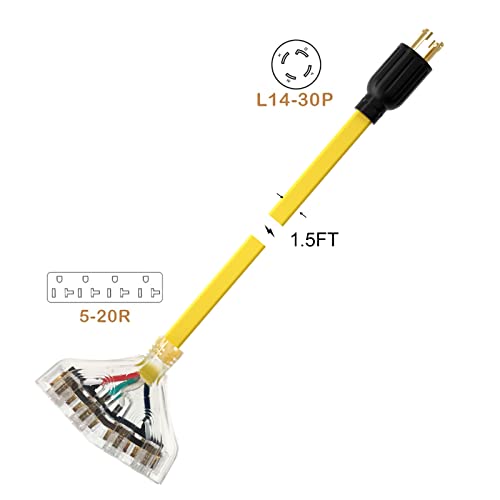 ACKING 30 Amp NEMA L14-30/Four 5-20R Generator Locking Cord, 4-Prong 10 Gauge Cord to Household Cable,Generator Adapter, 125/250V 30 Amp 7500 Watts UL Listed, 1.5FT