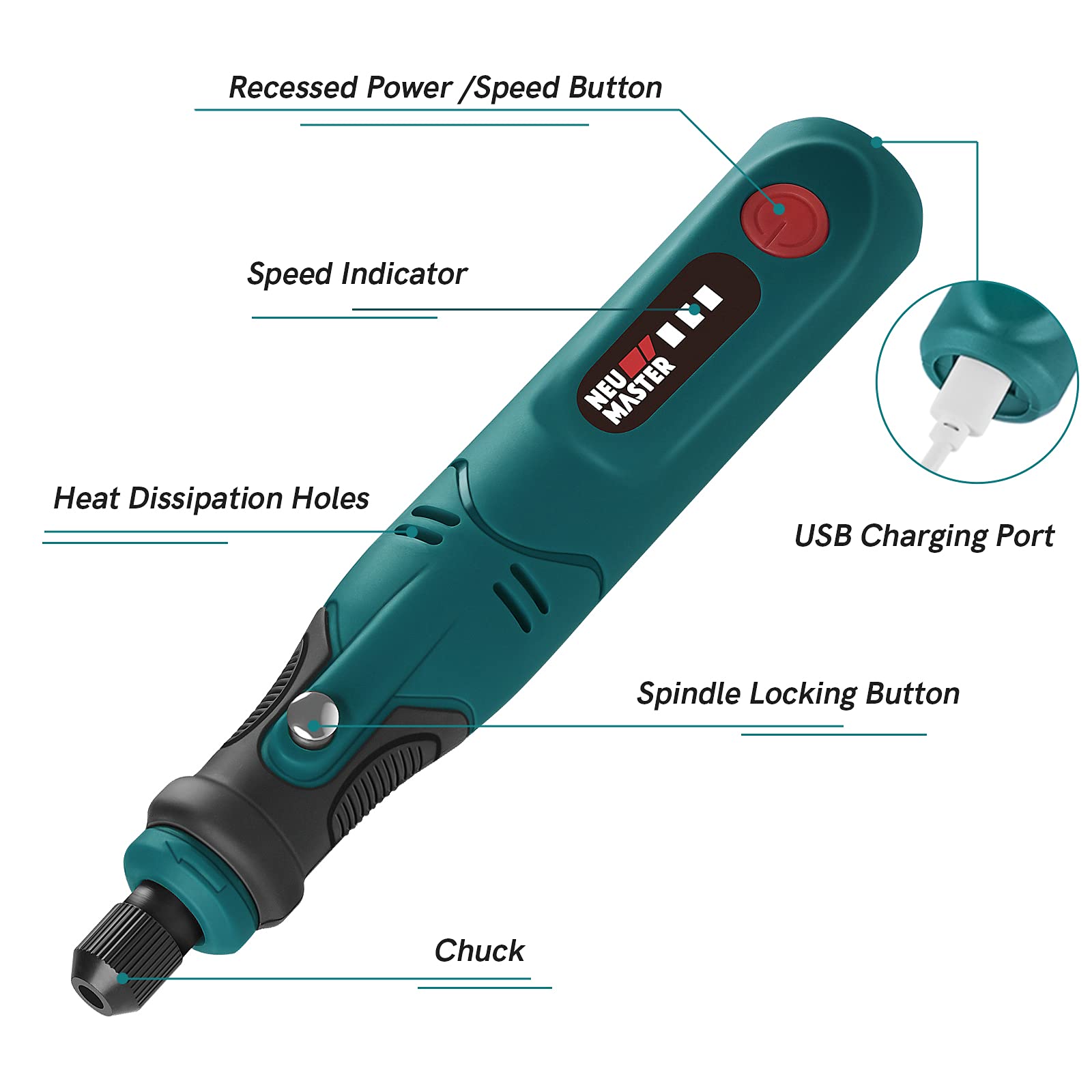 NEU MASTER Cordless Rotary Tool, 3.7V Mini Rotary Tool Kit With 55pcs Accessories, 3-Speed USB Charging Power Rotary Tool for Sanding, Polishing, Engraving, Drilling and DIY Crafts