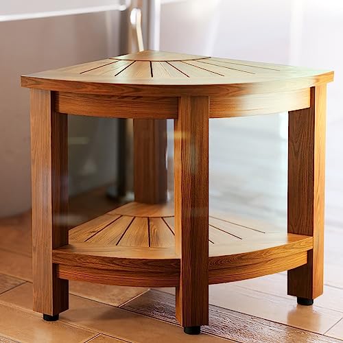 TEAKMAMA Teak Shower Bench 18” Shower Benches for Inside Shower Corner Bench Teak Shower Stool Seat Bathroom Bench with Storage Shelf, Assembly Required