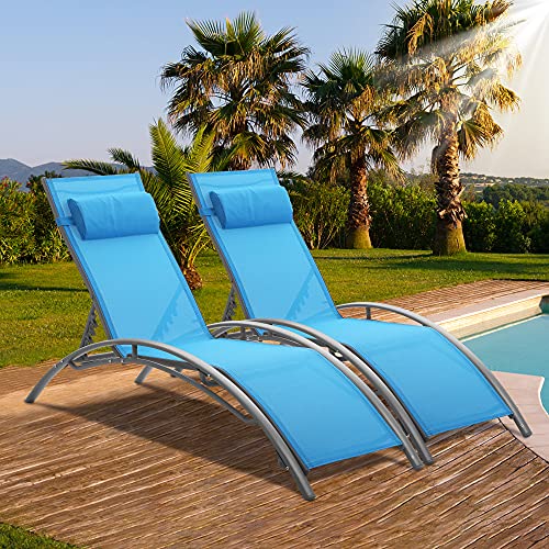 Diophros Pool Lounge Chairs Set of 2, Adjustable Reclining Folding Patio Chaise Lounger Chair with for Poolside, Beach, Backyard