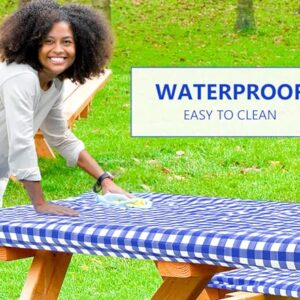LINPRO 6ft Vinyl Fitted Picnic Table Cover with Bench Covers - Camper and Travel Accessories - Checkered Outdoor Picnic Tablecloth and seat Covers with Elastic Edges Waterproof 3 Pc Set for Patio 72"