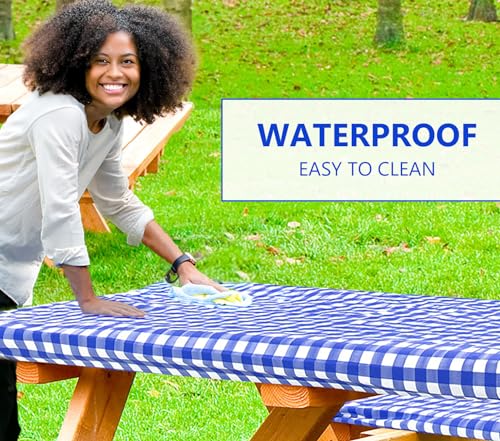 LINPRO 6ft Vinyl Fitted Picnic Table Cover with Bench Covers - Camper and Travel Accessories - Checkered Outdoor Picnic Tablecloth and seat Covers with Elastic Edges Waterproof 3 Pc Set for Patio 72"