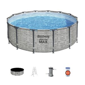 bestway steel pro max 14 foot x 48 inch round metal frame above ground outdoor swimming pool set with 1,000 filter pump, ladder, and cover, gray