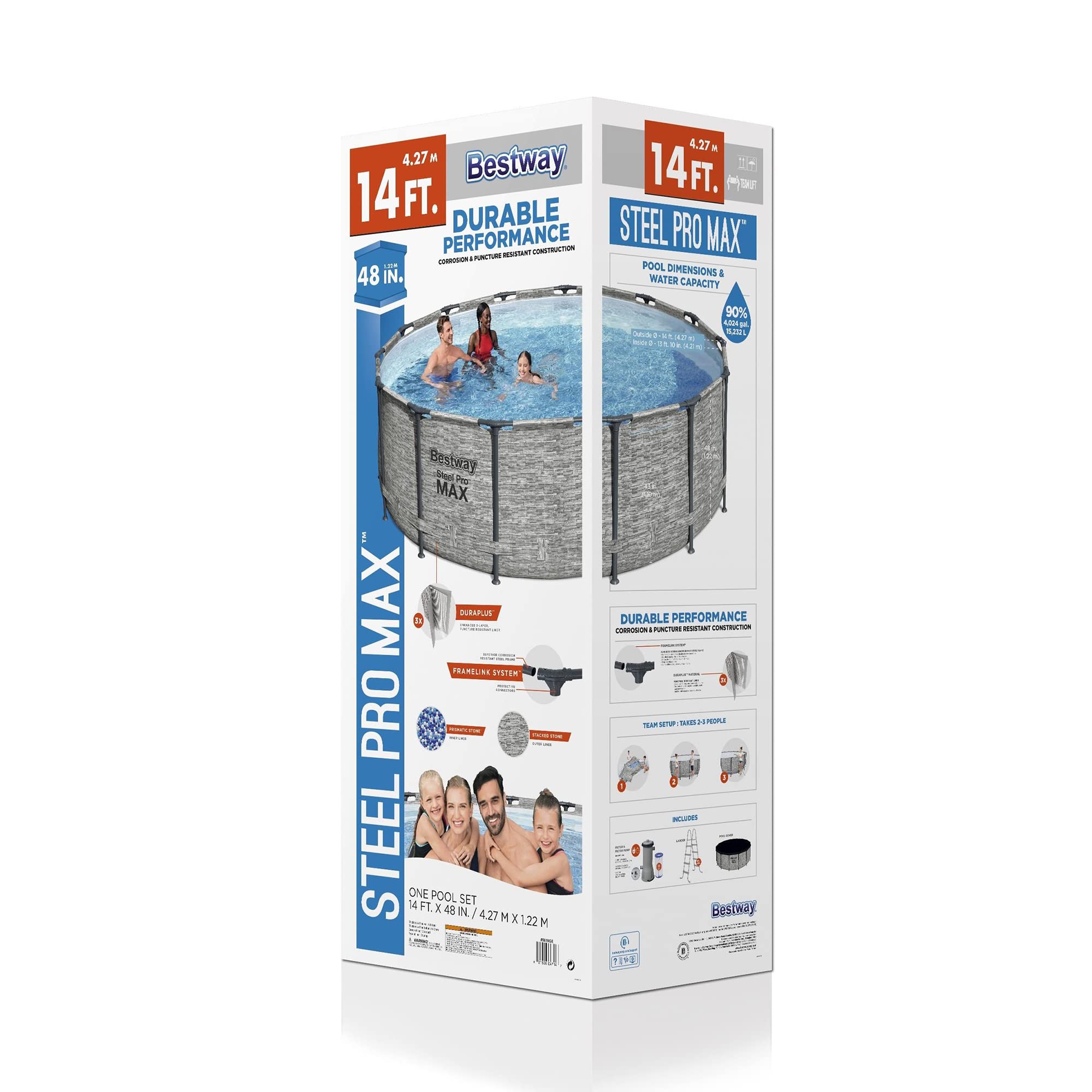 Bestway Steel Pro MAX 14 Foot x 48 Inch Round Metal Frame Above Ground Outdoor Swimming Pool Set with 1,000 Filter Pump, Ladder, and Cover, Gray