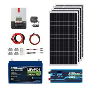 expertpower 1.3kwh 12v solar power kit | lifepo4 12v 100ah, 400w mono solar panels, 30a mppt solar charge controller, 2kw pure sine wave inverter charger | rv, trailer, camper, marine, off grid