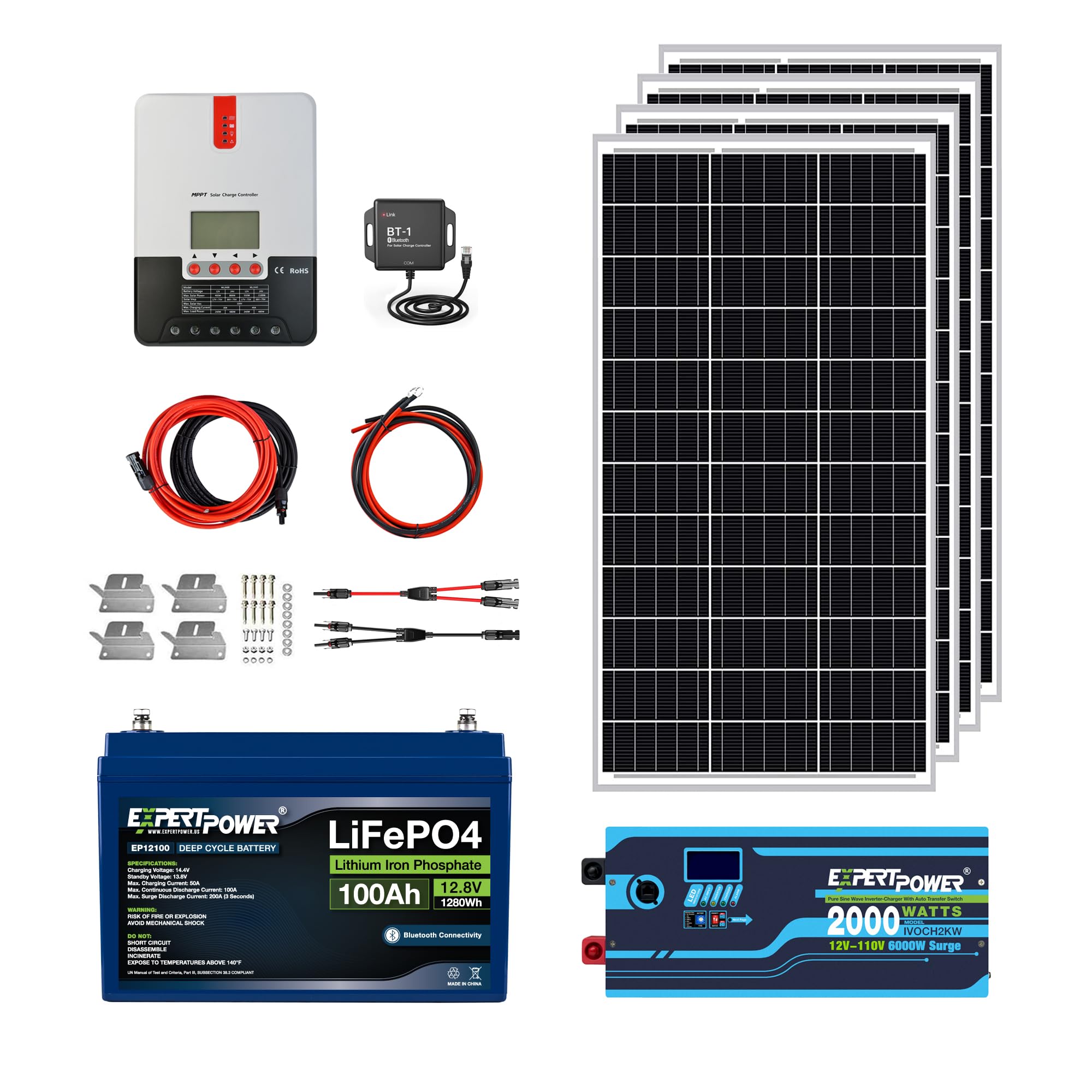 ExpertPower 1.3KWH 12V Solar Power Kit | LiFePO4 12V 100Ah, 400W Mono Solar Panels, 30A MPPT Solar Charge Controller, 2KW Pure Sine Wave Inverter Charger | RV, Trailer, Camper, Marine, Off Grid