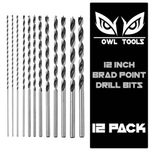 owl tools extra long 12" brad point wood drill bit set (12 pack with storage sleeve) carpenters quality - drill splinter-free perfectly round holes in all types of wood