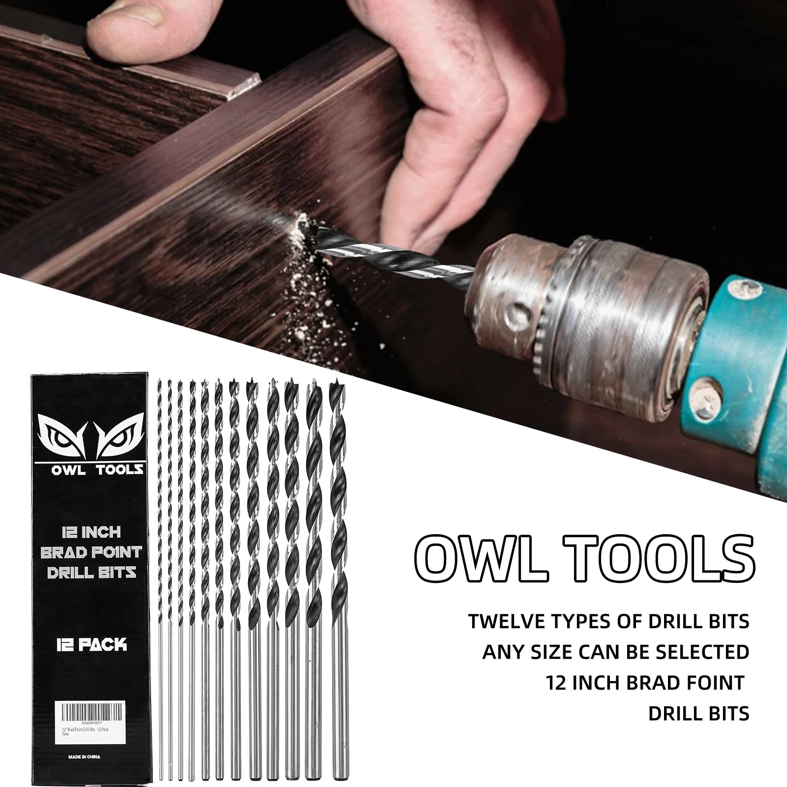 Owl Tools Extra Long 12" Brad Point Wood Drill Bit Set (12 Pack with Storage Sleeve) Carpenters Quality - Drill Splinter-Free Perfectly Round Holes in All Types of Wood