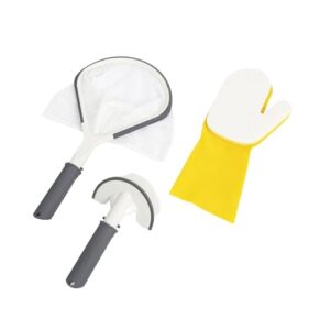 bestway saluspa all-in-one 3 piece maintenance cleaning tool accessory set with scrub brush, mitt, and skimmer net for hot tub and spa