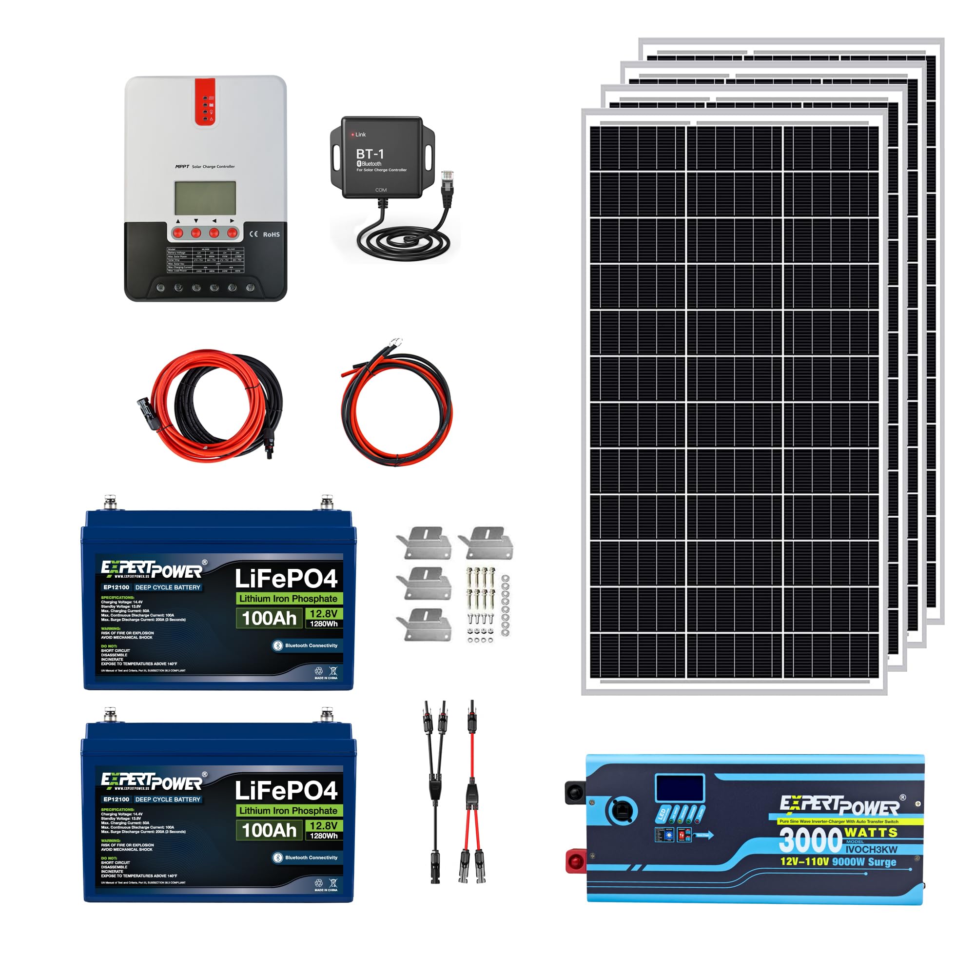 ExpertPower 2.5KWH 12V Solar Power Kit | LiFePO4 12V 100Ah, 400W Mono Solar Panels, 30A MPPT Solar Charge Controller, 3KW Pure Sine Wave Inverter Charger | RV, Trailer, Camper, Marine, Off Grid