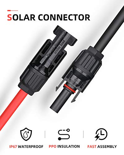 BougeRV 70 Feet 10AWG Solar Extension Cable with Female and Male Connector with Extra Free Pair of Connectors Solar Panel Adaptor Kit Tool (70FT Red + 70FT Black)