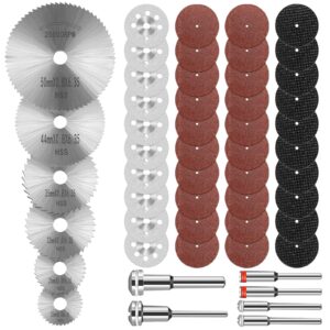 cutting wheel set 46pcs for rotary tool, hss cutting wheels 6pcs, diamond cutting discs 10 pcs and resin circular saw blades 30pcs with 1/8" shank for wood metal plastic stone cutting