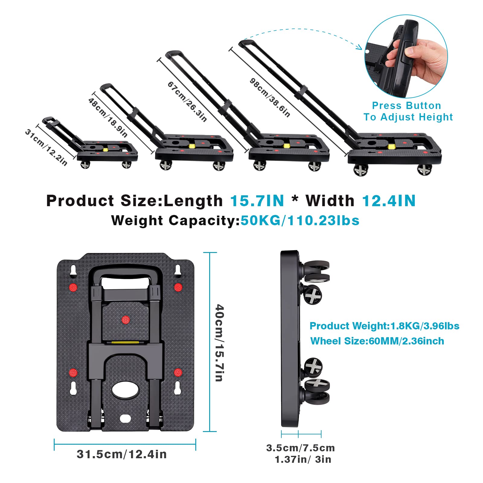 Monyus Portable Folding Hand Truck, 110 lbs Heavy Duty Luggage Cart with 4 Rotate Wheels, Hand Truck Dolly Foldable, Utility Cart with Adjustable Handle for Luggage Travel Shopping Moving Office Use