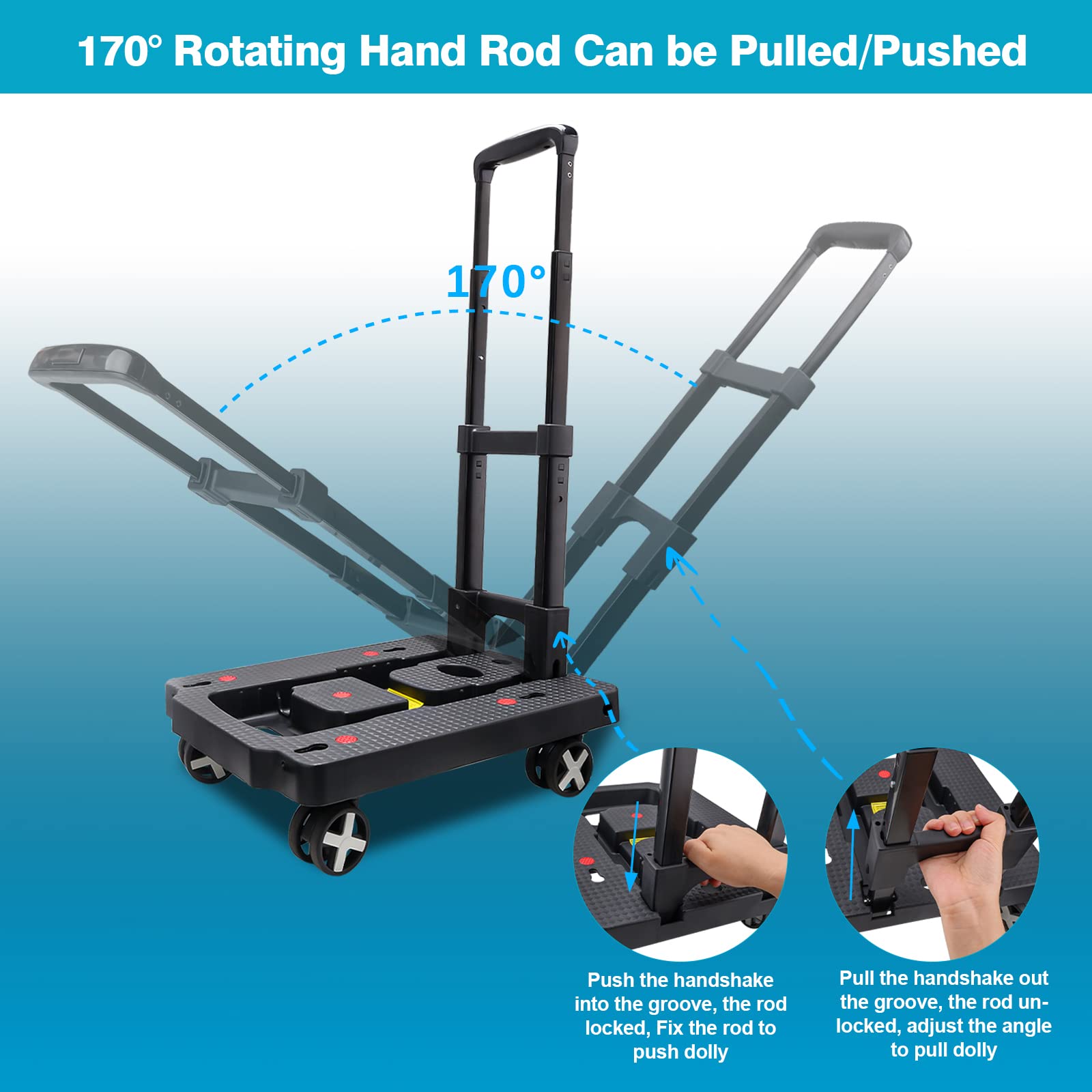 Monyus Portable Folding Hand Truck, 110 lbs Heavy Duty Luggage Cart with 4 Rotate Wheels, Hand Truck Dolly Foldable, Utility Cart with Adjustable Handle for Luggage Travel Shopping Moving Office Use