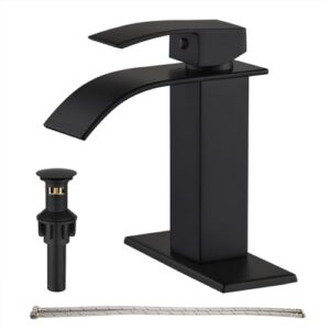 genbons black waterfall spout bathroom faucet, single handle bathroom sink faucet with metal pop-up drain, rv lavatory vessel faucet with deck plate