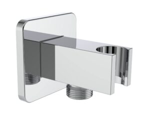 aquaiaw wall supply elbow with flange. all aquaiaw water supply elbows are without nipples. tapered 1/2 npt female inlet, brass wall union with handshower holder, square, polished chrome, g1/2 outlet