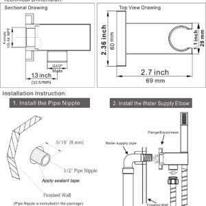 Aquaiaw Wall Supply Elbow with Flange. All Aquaiaw Water Supply Elbows are Without Nipples. Tapered 1/2 NPT Female Inlet, Brass Wall Union with Handshower Holder, Square, Polished Chrome, G1/2 Outlet