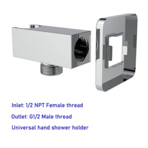 Aquaiaw Wall Supply Elbow with Flange. All Aquaiaw Water Supply Elbows are Without Nipples. Tapered 1/2 NPT Female Inlet, Brass Wall Union with Handshower Holder, Square, Polished Chrome, G1/2 Outlet