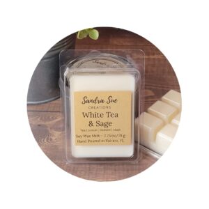 sandra sue creations white tea & sage soy wax melt, all natural, highly fragrant, long lasting