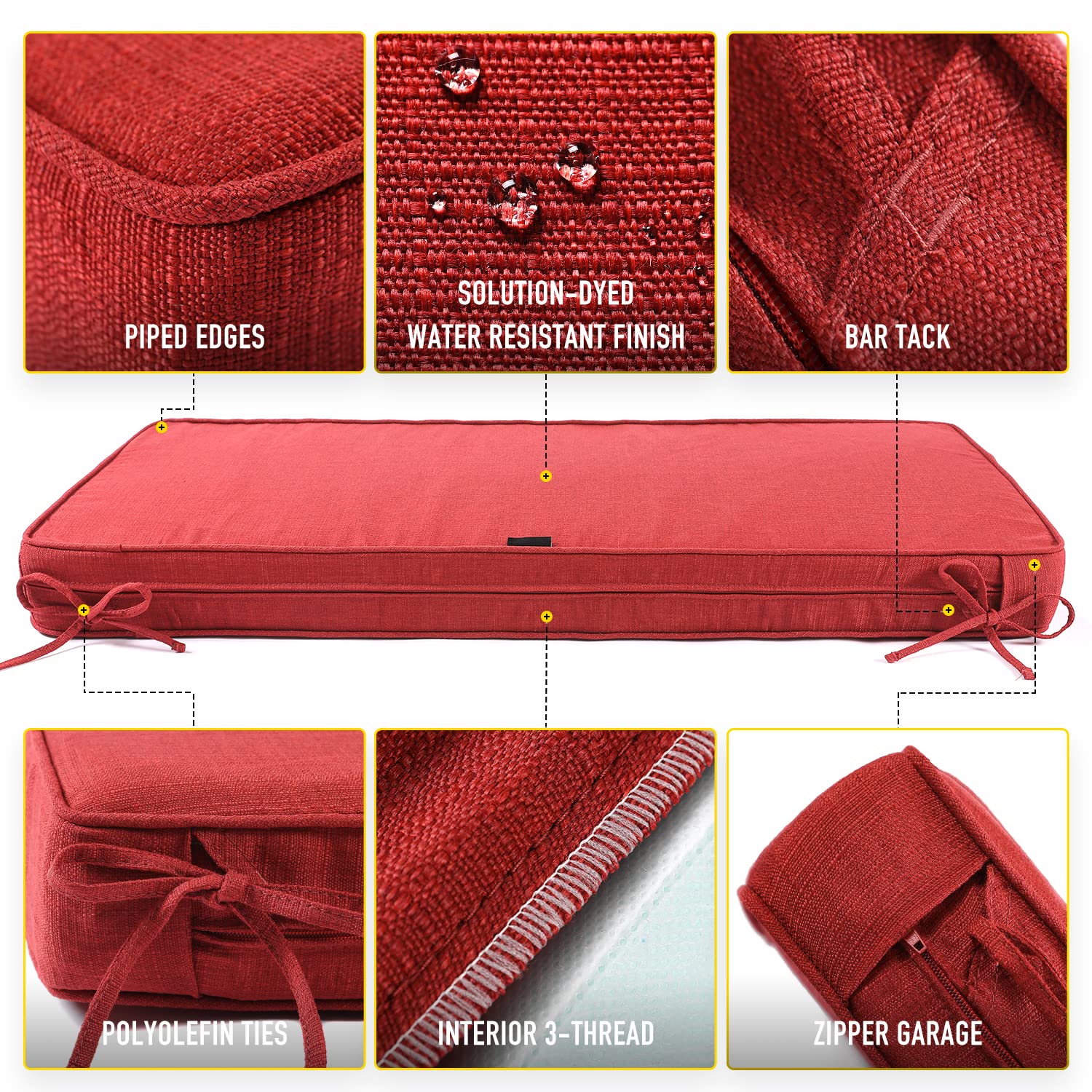 SUNROX Gel Memory Foam Bench Cushion with Ties, Ultra Durable Water Resistant FadeShield Outdoor/Indoor Universal Bench Seat Pads 48 x 16 x 4 inch, Burgundy