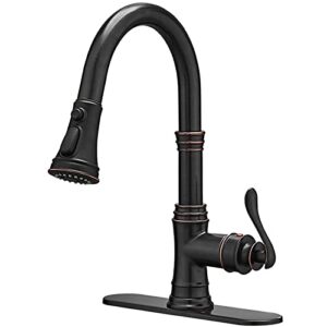 bathfinesse kitchen faucet, oil rubbed bronze finish, 360 degree swivel, 20-inch retractable hose, easy to install, 3-hole mount