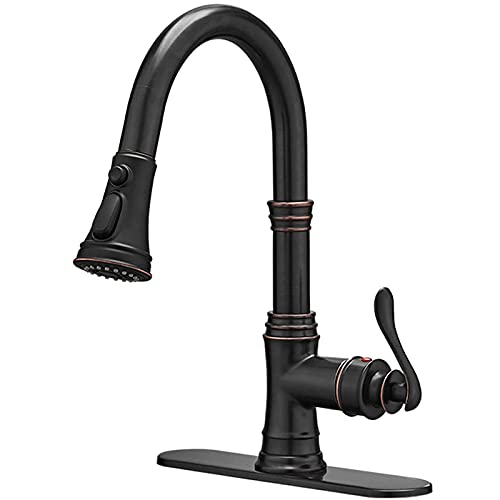 BATHFINESSE Kitchen Faucet, Oil Rubbed Bronze Finish, 360 Degree Swivel, 20-Inch Retractable Hose, Easy to Install, 3-Hole Mount