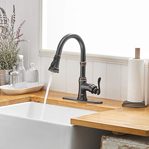 BATHFINESSE Kitchen Faucet, Oil Rubbed Bronze Finish, 360 Degree Swivel, 20-Inch Retractable Hose, Easy to Install, 3-Hole Mount