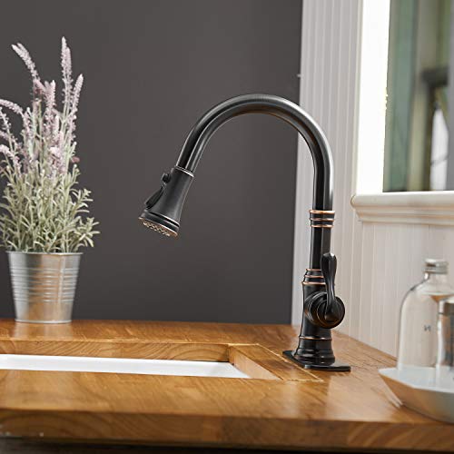 BATHFINESSE Kitchen Faucet, Oil Rubbed Bronze Finish, 360 Degree Swivel, 20-Inch Retractable Hose, Easy to Install, 3-Hole Mount