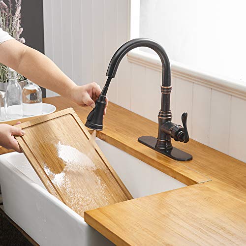 BATHFINESSE Kitchen Faucet, Oil Rubbed Bronze Finish, 360 Degree Swivel, 20-Inch Retractable Hose, Easy to Install, 3-Hole Mount