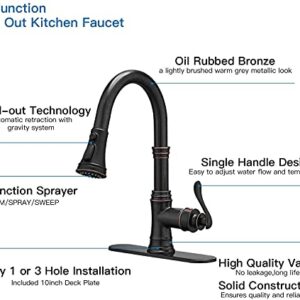 BATHFINESSE Kitchen Faucet, Oil Rubbed Bronze Finish, 360 Degree Swivel, 20-Inch Retractable Hose, Easy to Install, 3-Hole Mount